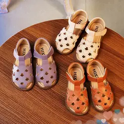 Сандалии для девочек выдалбливают 2018 г. новые туфли из натуральной кожи Внутренняя из свиной кожи обувь принцессы корейские летние
