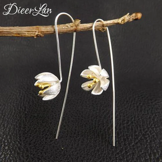 

New style 925 sterling silver handmade earrings wire drawing lotus long earrings for women fine jewelry wholesale Holiday Gift