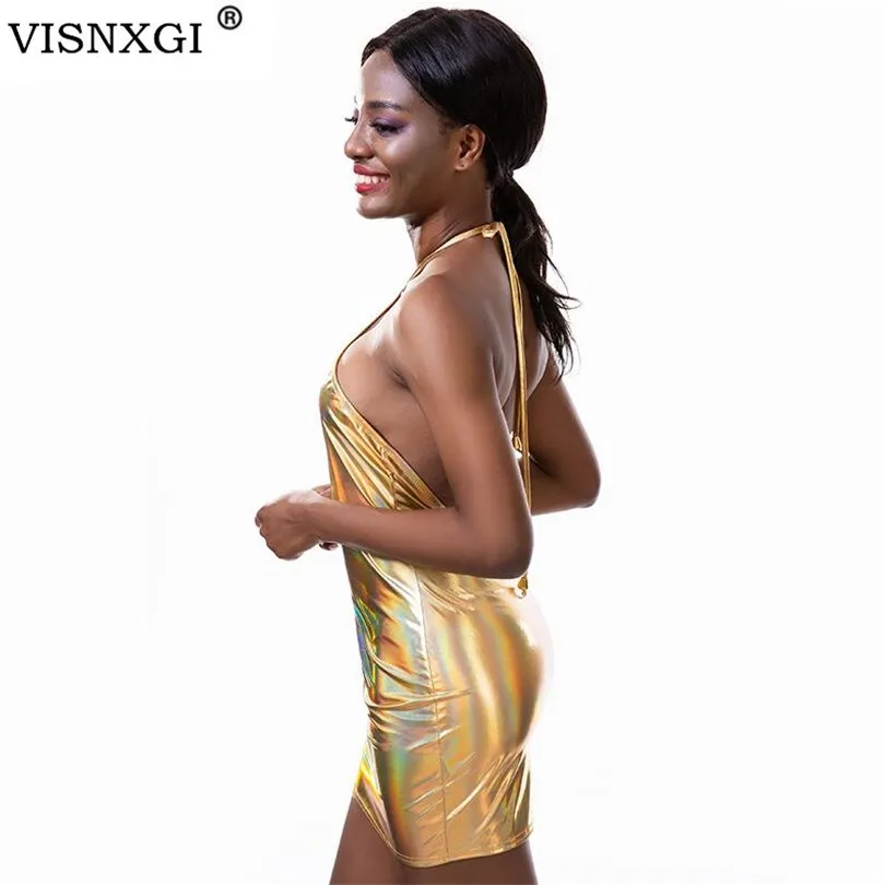 

VISNXGI Backless Bodycon Metallic Dress Women Sleeveless Halter Summer Glitter Shining Club Sheath Party Sexy Mini Shiny Dresses