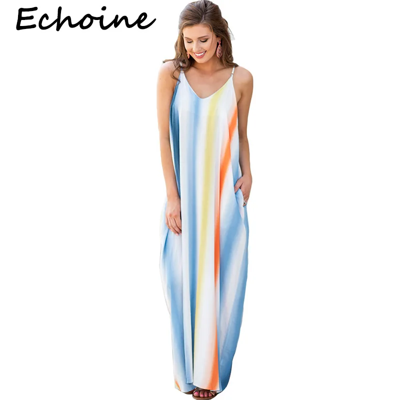

Echoine Loose Colorful Print Spaghetti Straps Maxi Dress Sleeveless Summer Beach Dress Women Clothes 2019 Plus Size