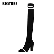 Женские сапоги; осенне-зимние сапоги выше колена; модные вязаные эластичные шерстяные сапоги-носки; женские сапоги до бедра на высоком каблуке