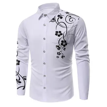 

Fashion Men Bauhinia Print Buttons Turn Down Collar Long Sleeve Shirt Slim Top