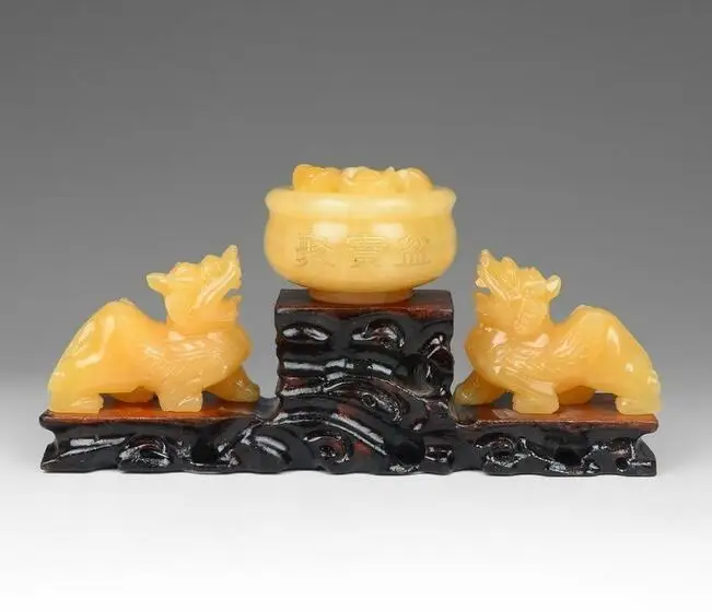 

Free Shipping Chinese Topaz Jade Feng shui Brave troops kylin Unicorn Treasure Bowl Statue Set