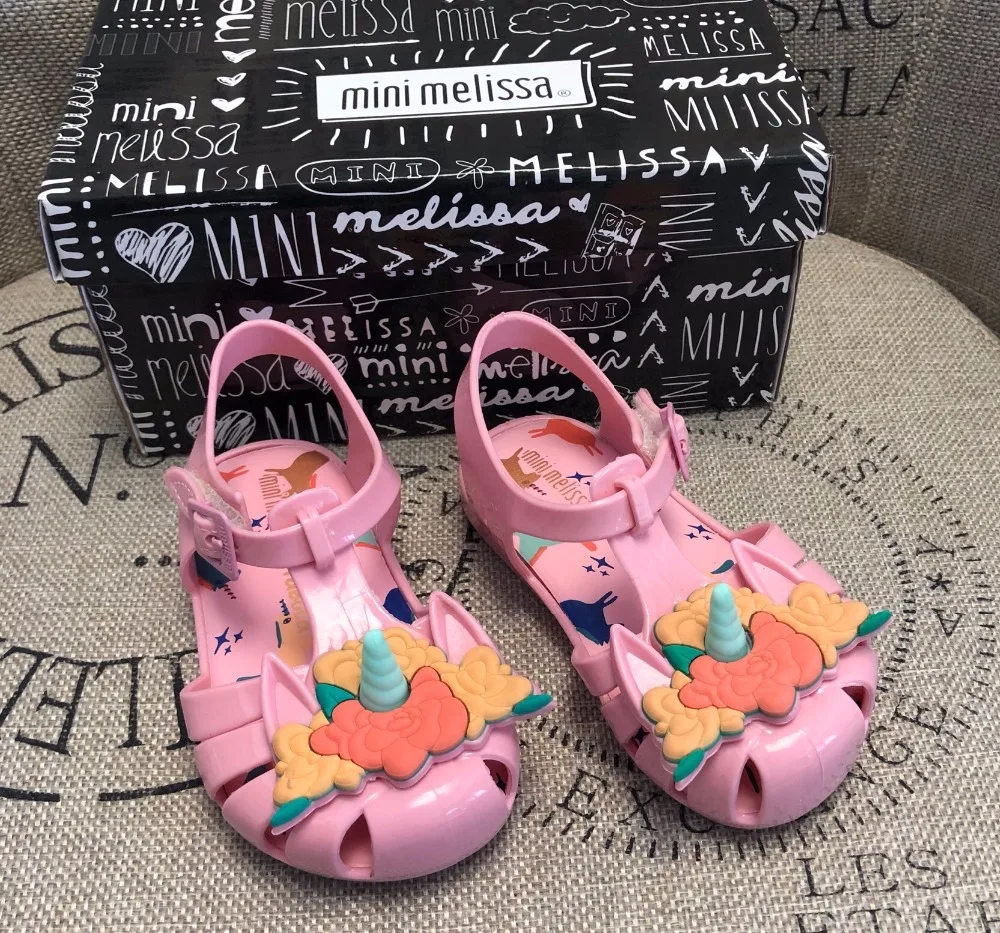 Mini Melissa/ оригинальные брендовые прозрачные сандалии с единорогом и цветами для девочек; римские сандалии для девочек; нескользящие сандалии Melissa для малышей