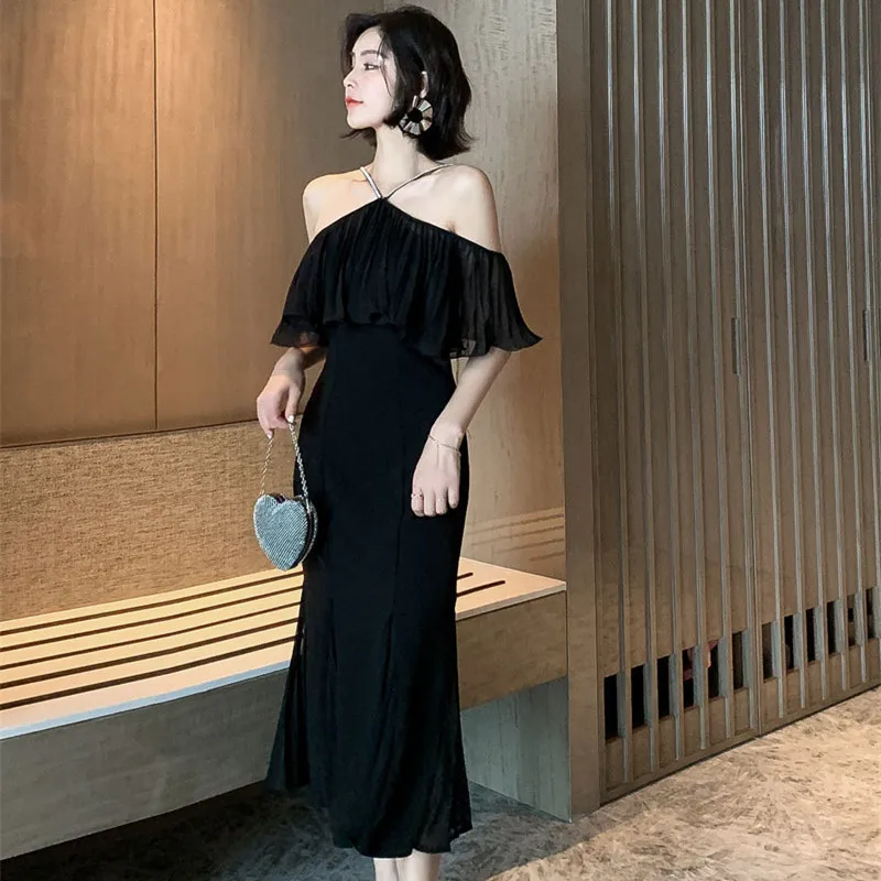 

Women Black Off the Shoulder Halter Ruffles Dress Elegant Club Dresses Summer Office Bandage Sexy Party Mermaid Dress Vestidos