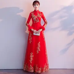 Новинка 2019 года для женщин Свадебное платье элегантный красный цветок теплый Cheongsam традиционный брак Винтаж воротник стойка Qipao Vestidos