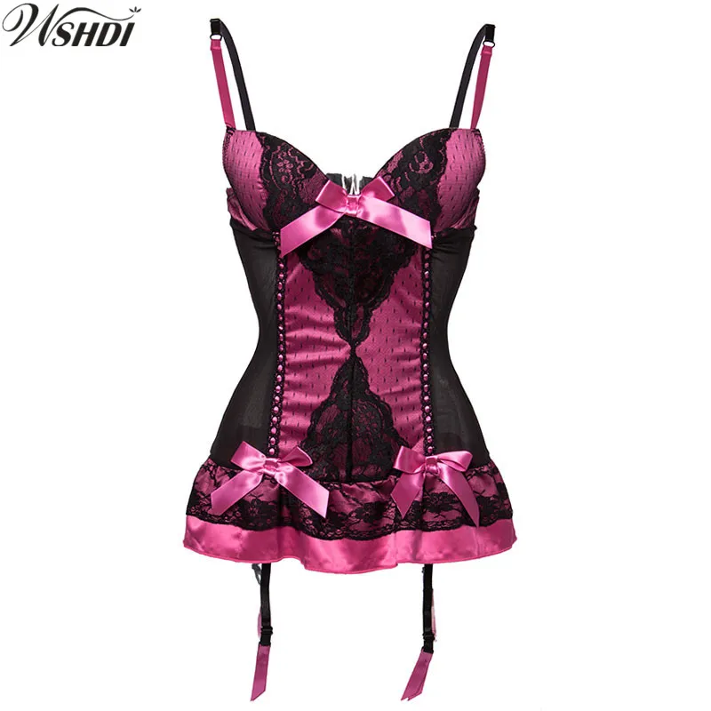 

S-XXXL Sexy Rose Red Satin & Black Mesh Push Up Bustier Corset Sexy Lingerie Plus Size Women Nightwear Chemise Fancy Underwear