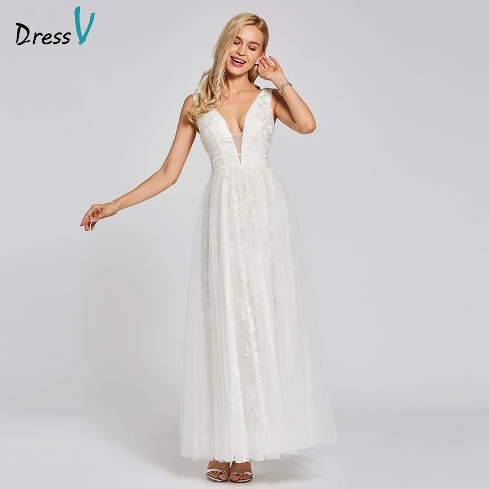 

Dressv ivory evening dress cheap v neck a line backless lace floor length wedding party formal dress evening dresses