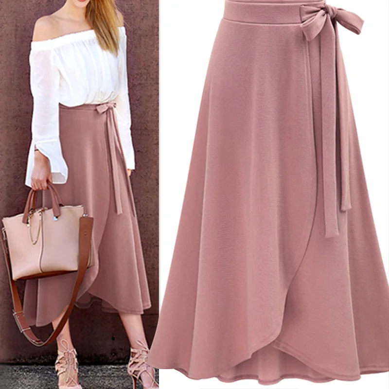 

Chiffon Pink Ruffle Women's Long Skirt High Waist Bowtie Split Irregular Maxi Skirts Womens Spring Summer Office Clothes Women