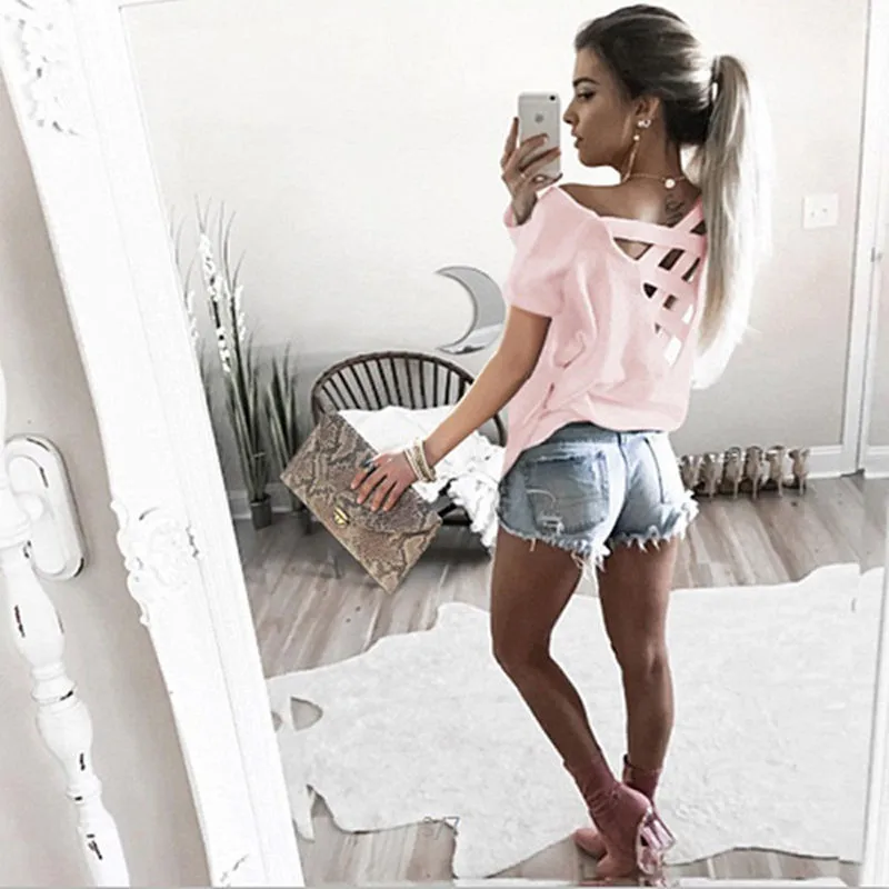 

Summer Sexy Backless T-shirts Fashion Short Sleeve Women Tops Casual T shirt Loose Tshirt