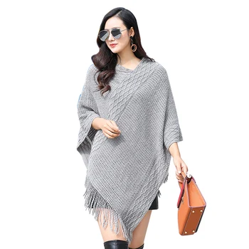 

Women V-Neck Grid Scarf Cape Gray Winter Poncho Thick Knit Tassel Pashimina Foulard Femme Fashion Life Tops Loose Crochet Shawl