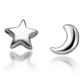 

ANENJERY Simple Cute Asymmetrical Moon Star Small Stud Earrings 925 Sterling Silver Earrings For Women Jewelry S-E148