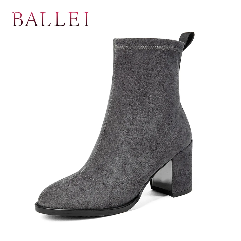 

BALLEI Elegant Woman Ankle Boots High Quality Suede Solid Soft Round Toe Square Heels Shoes Vintage Lady Warm Solid Boots B48
