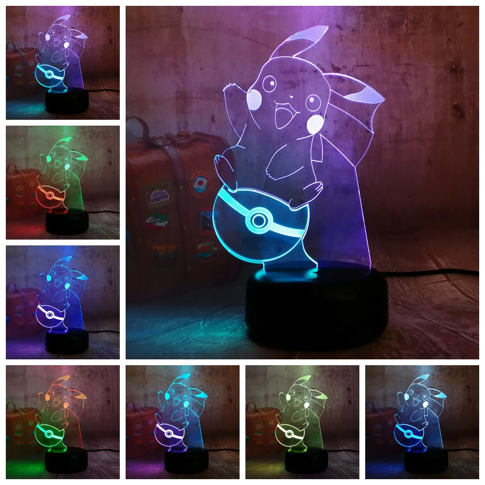 Милая одежда с изображением покемона Пикачу 3D RGB светодиодный Ночной светильник 7