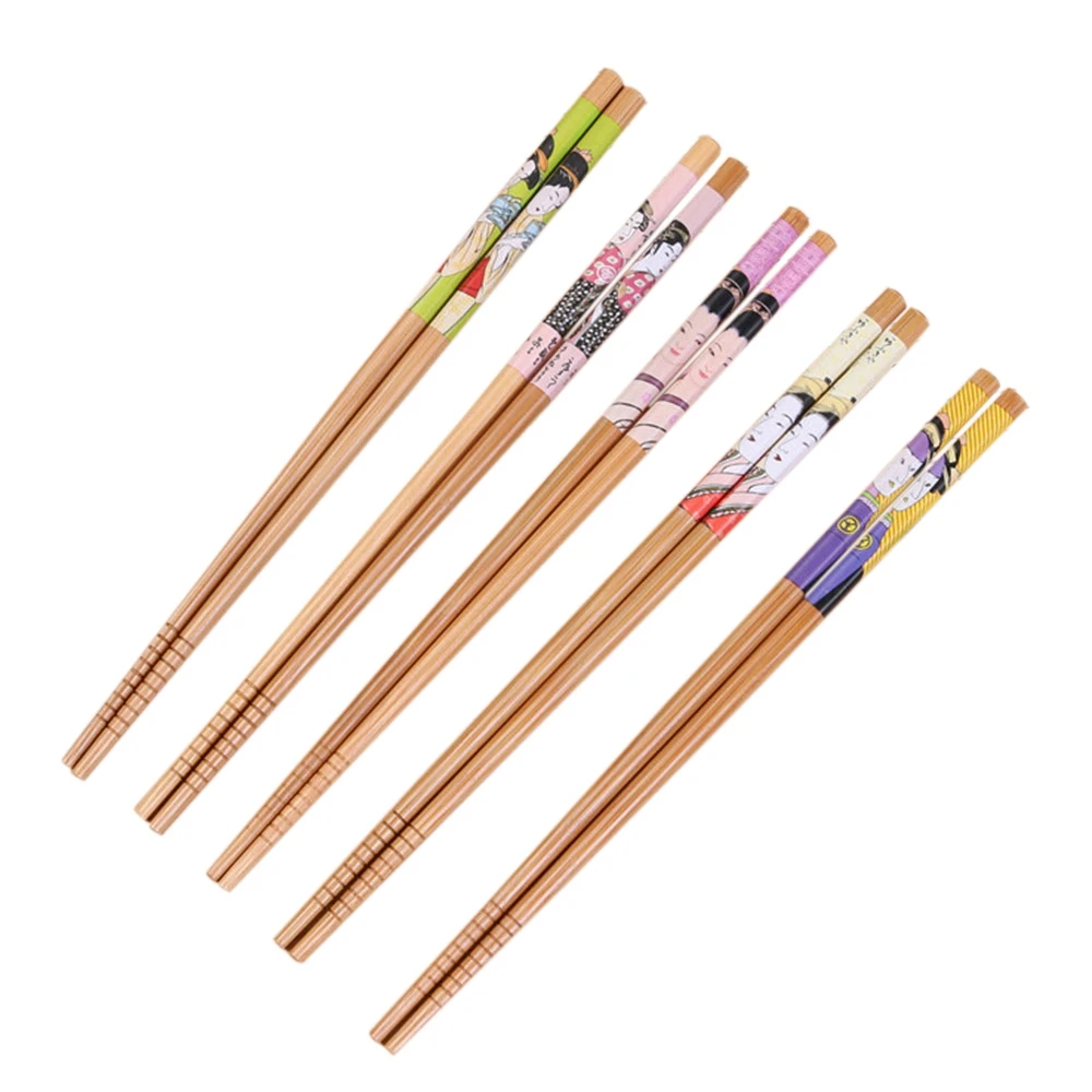 5 Pairs Handmade Natural Bamboo Wood Chopsticks Chinese Carbonization