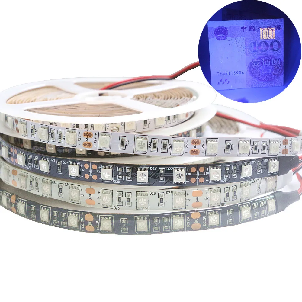 

12V UV led strip light 395-405nm Ultraviolet 5050 SMD 60led/m White/Black PCB Flexible blacklight LED string lamp IP20 IP65