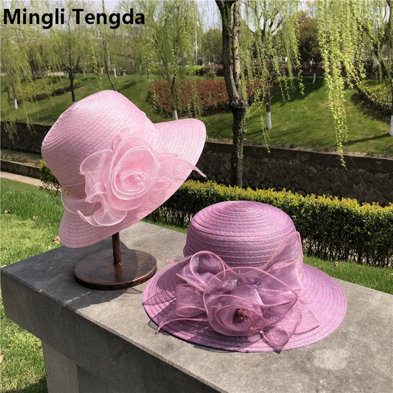 

New Noble Lady Wedding Flower Feather Big Ramie Yarn Hat Bridal Hat Dome Sunshade Hats Chapeau Mariage Bridal Hats Mingli Tengda