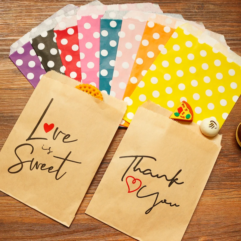 

100pcs Kraft Paper Bag for Food Flat Polka Dots Striped Chevron Thak You Gift Bag Wedding Treat Craft Paper Popcorn Bags Packing