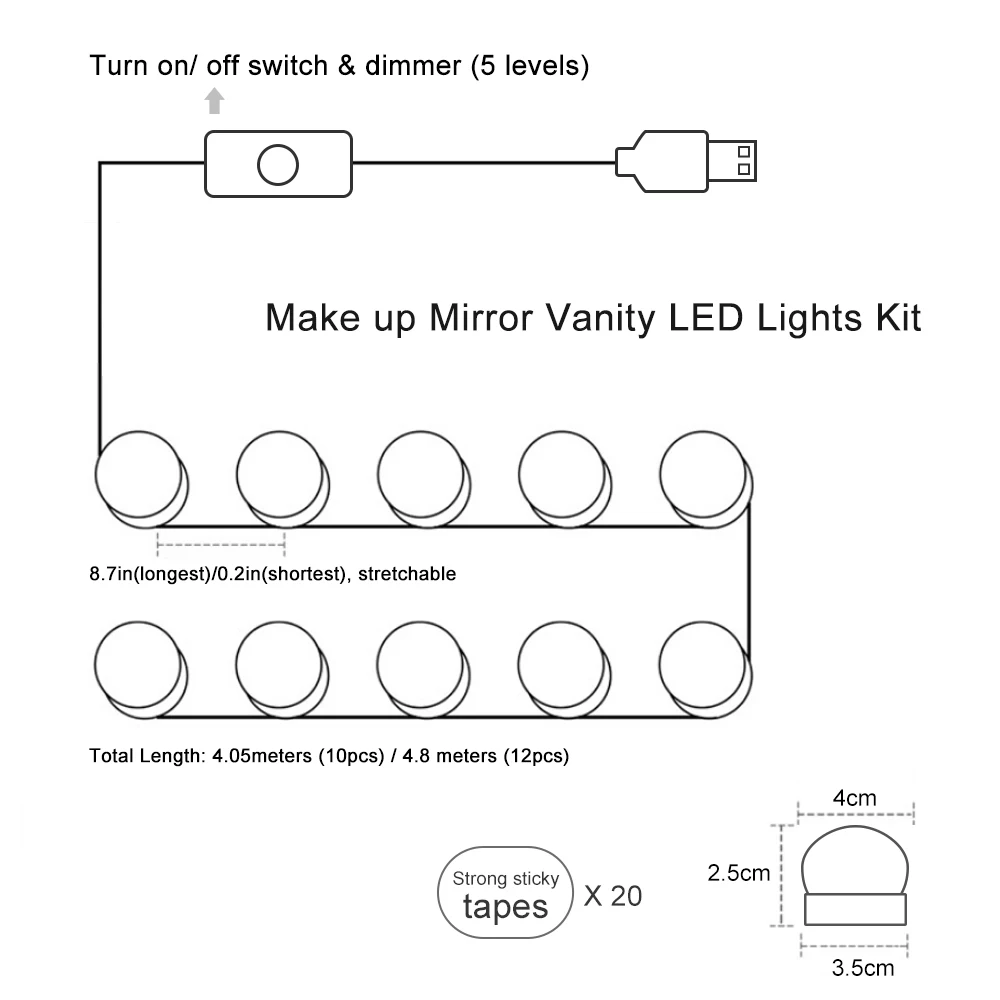 10\12Pcs Vanity Makeup Mirror LED Light Bulbs Lamp Kit 5 Levels Brightness Adjustable Lighted Make up Mirrors Cosmetic lights