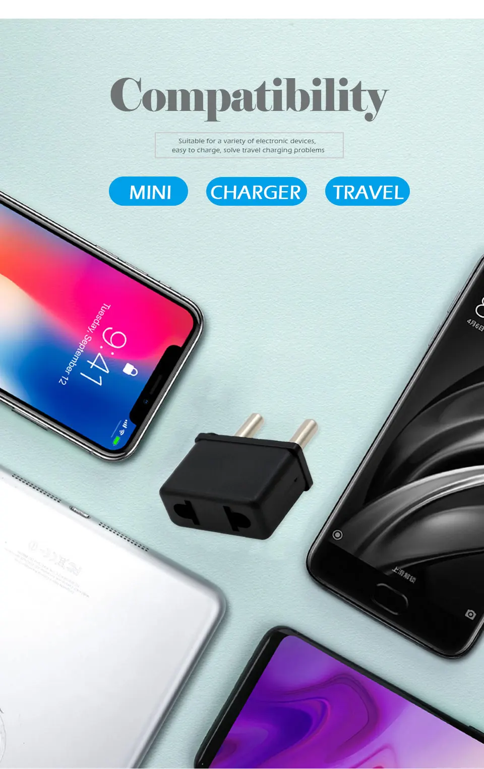 US To EU Plug Power Adapter Black Color Travel Power Adapter Converter Wall Electrical Charger USA to EU 2 Round Pin Plug Socket (12)