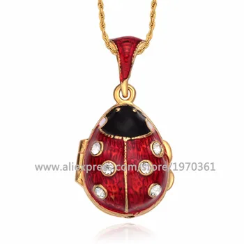 

YAFFIL Brass Egg Pendant Enamel Handmade Jewelry Locket Ladybird Crystal Rhinestone Necklace with Heart Charm inside women gift