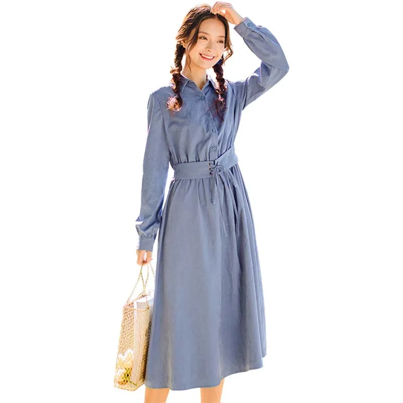 

INMAN 2019 Spring New Arrival Turn Down Collar Literary Retro With Belt Slim Loose Medium A-line Women Dress