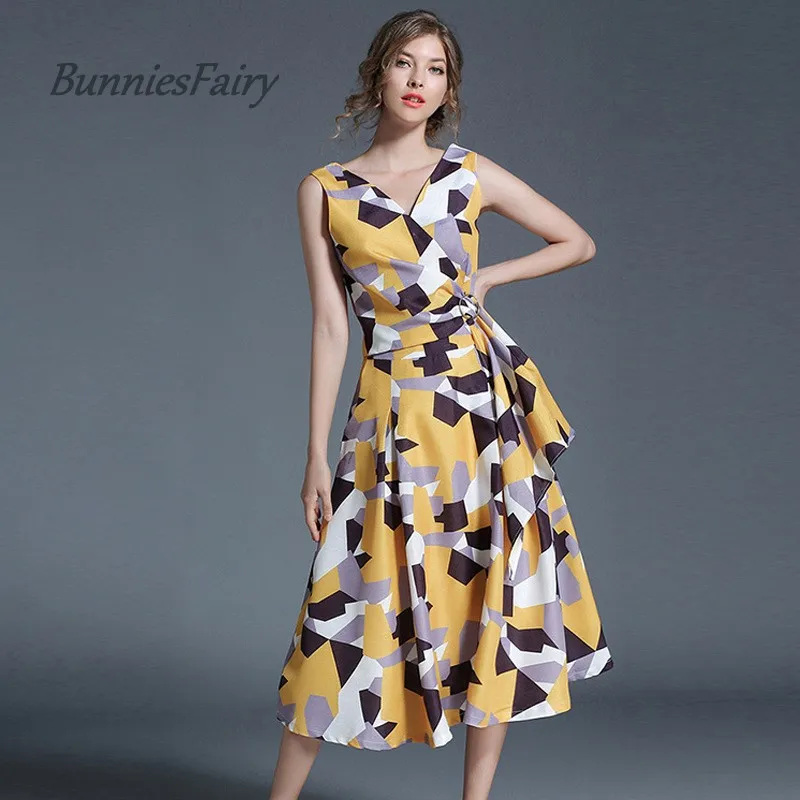 BunniesFairy/ летнее оригинальное дизайнерское платье на бретелях с разноцветным геометрическим принтом и бантом, на шнуровке, с v-образным вырезом, Vestido de Fiesta