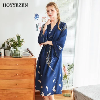 

Hoyyezen sexy long nightgown female summer simulation silk sexy feminine print bandage gown home service