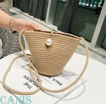 

New rattan hand-woven women's straw bag Bohemian pearl beach bag casual fashion shoulder bag