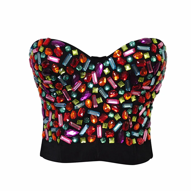 

Hot Sexy Women Rhinestone Punk Rock Strapless Overbust Top Bustier Colorful Rhinestone Corset Bra Clubwear Body Shaper Corset