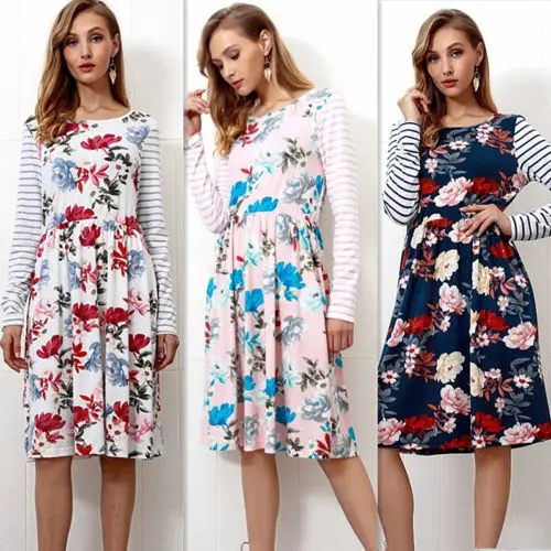 Autumn Women Floral Print Long Sleeve Pink White Blue Striped Pretty Dress Ladies Evening Party Maxi Dresses | Женская одежда