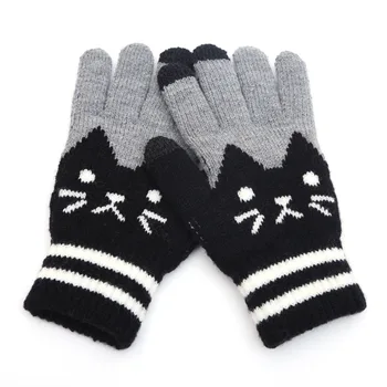 

Cute Kitty Five Fingers Women's Knitting Touch Screen Gloves Jacquard Touch Screen Fingers Fashion Warm Gloves B46