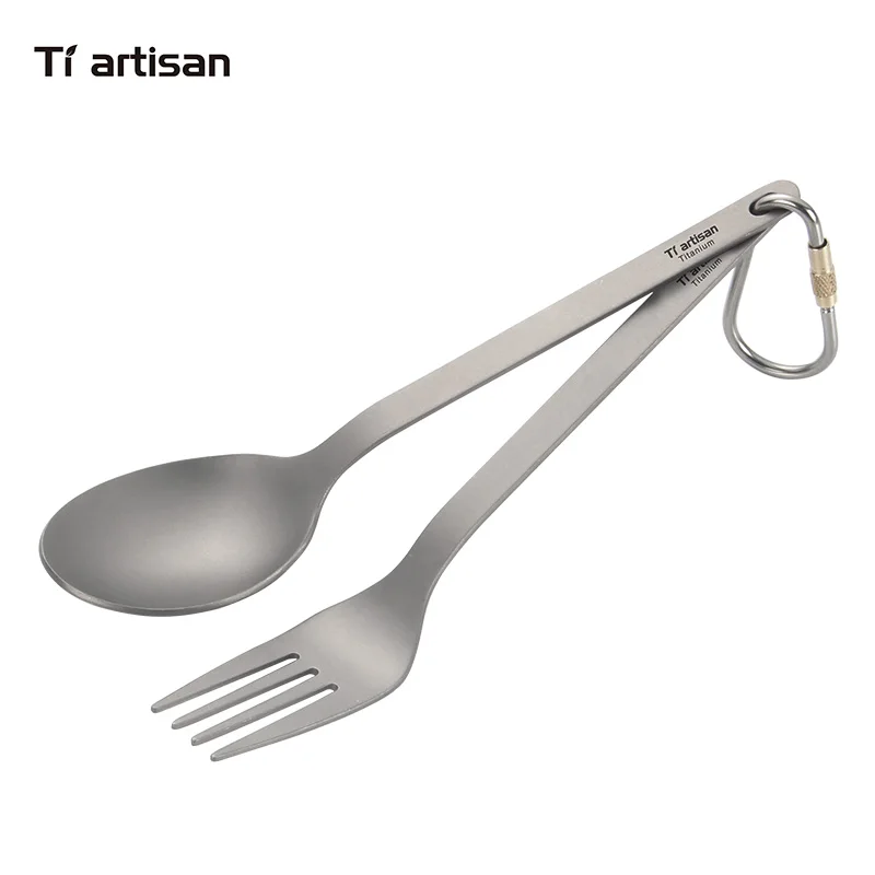 Tiartisan Outdoor Pure Titanium Fork Spoon set travel camping tableware Eco-friendly Cutlery with buckle