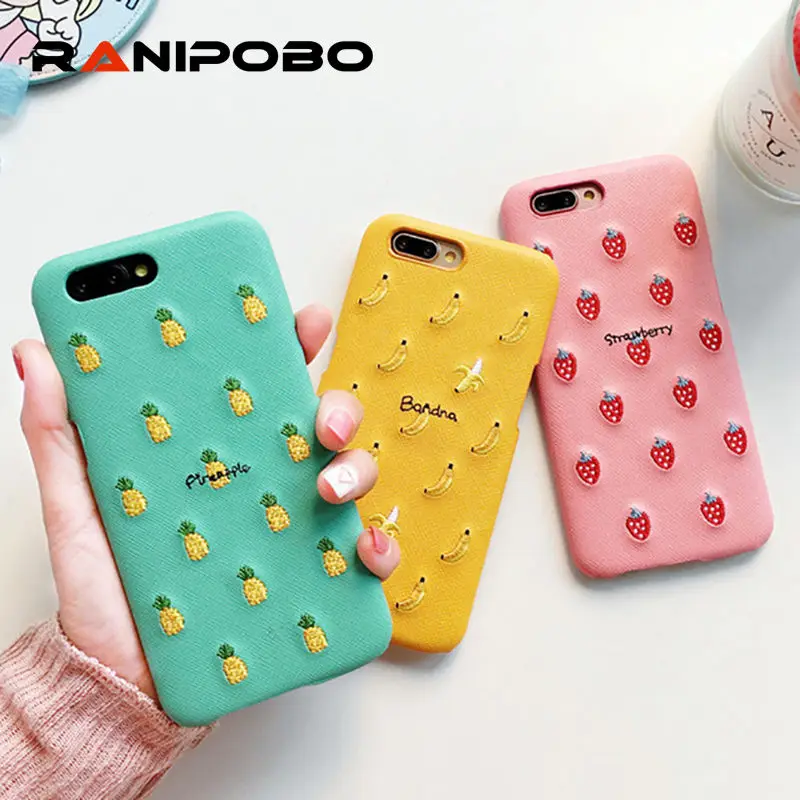 

Cute Candy Color PU Embroidery Fruit Pattern Phone Case For iphone X 6 6S 7 8 Plus Cute Banana Strawberry Hard PC Back Cover