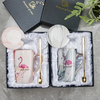 

OUSSIRRO Flamingo Pattern Natural Marble Porcelain Coffee Mug Mr and Mrs Tea Milk Cup Creative Wedding Anniversary Gift