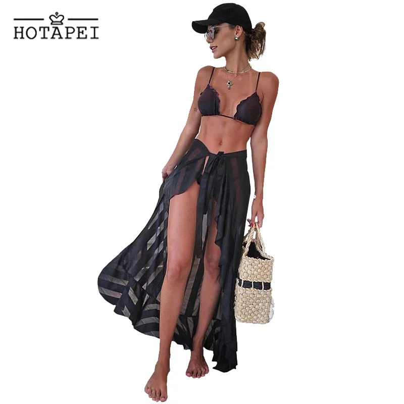 HOTAPEI Лето Бикини Cover up Черный Sheer Обёрточная бумага саронг Макси пляжная юбка Для