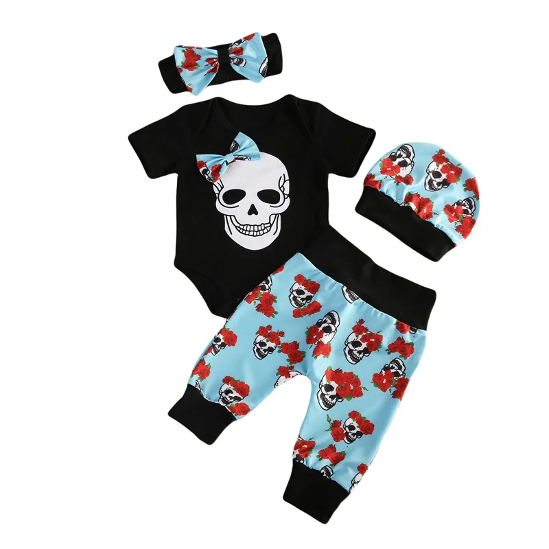 

Newborn Infant Baby Boy Girls Clothing Skull Floral Bowknot Romper and Long Pants Hat Headband Outfit Set