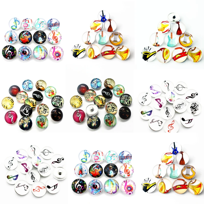 

High Quality 12pcs/lot music musical instruments Glass Snap Buttons Charms Fit Ginger Snap Bracele & Bangles Snap Jewelry