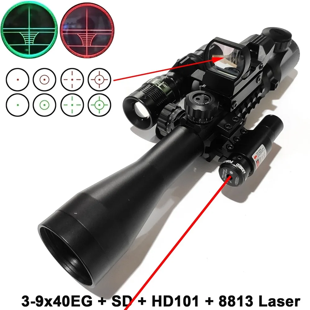 Hunting combo riflescopes 3-9x40 Optical Red Green Illuminated Sight+ Red Dot Laser+ Adjustable Flashlight+ Holographic Sight
