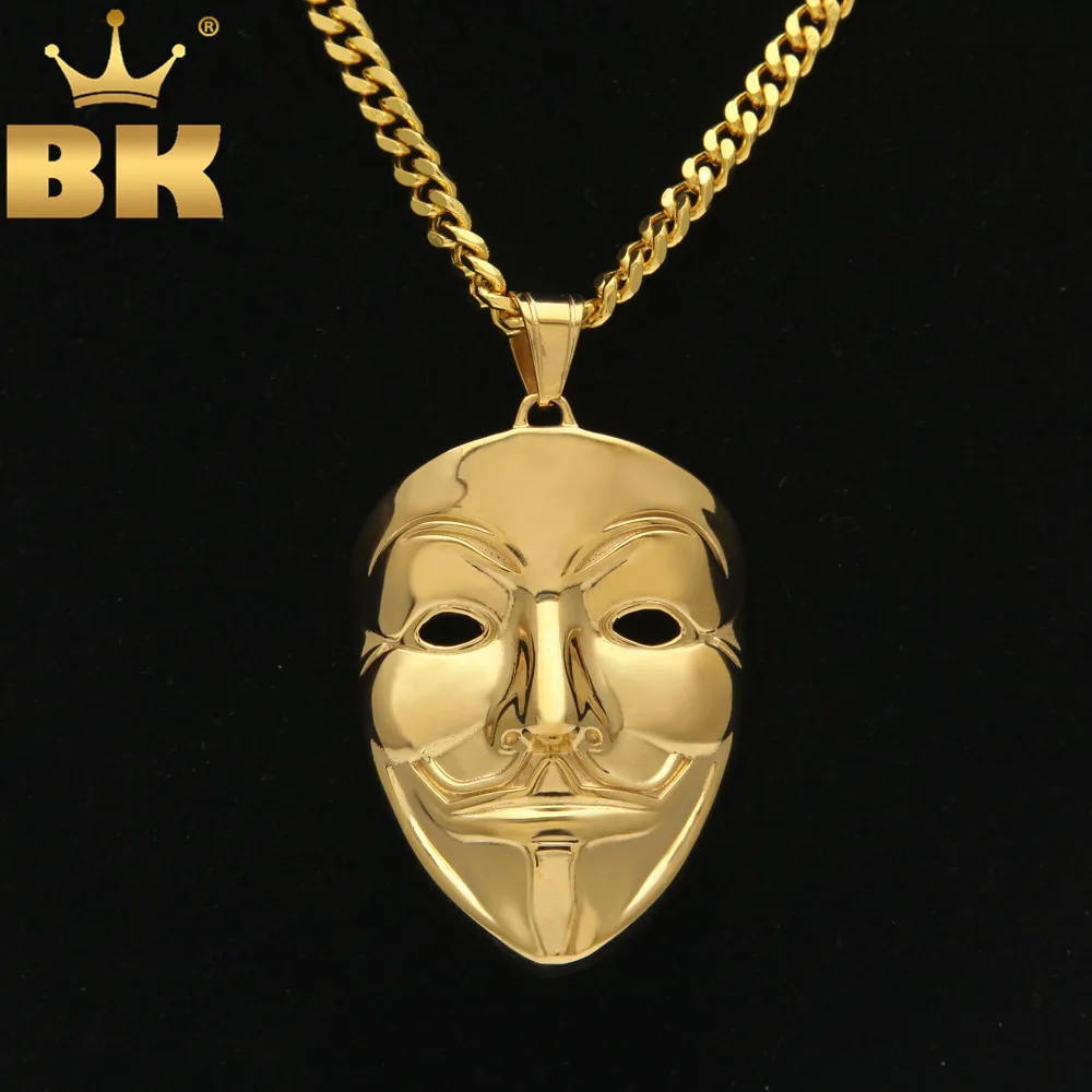 

Drop Shipping Vintage Mask Clown Killer Pendant Stainless Steel Gold Color With free 70cm Cuban Chain Hip hop Necklace