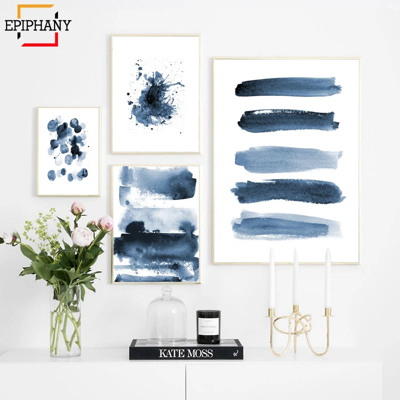 Современная Картина на холсте, синий абстрактный принт, Большая настенная живопись, индиго, синяя акварель, скандинавские плакаты, Декор для дома в гостиную