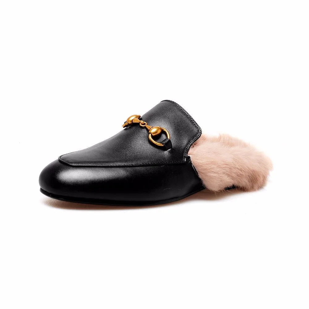 

MAVIRS women's shoes 2018 Winter embroidered fur slippers black flat shoes non-slip Mules fur slides US size 5-15