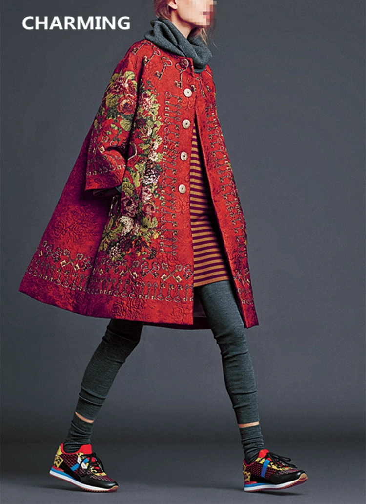 Winter Coat Women Embroidery Print Pattern Slim Thick Coat Long Plus