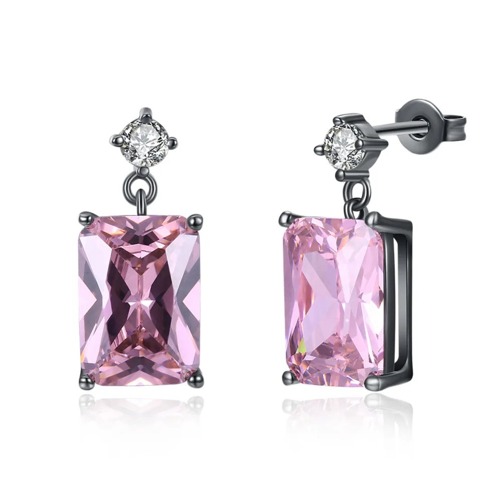 Elegant CZ Ear Dangle Earrings For Women Square Pink Cubic Zirconia