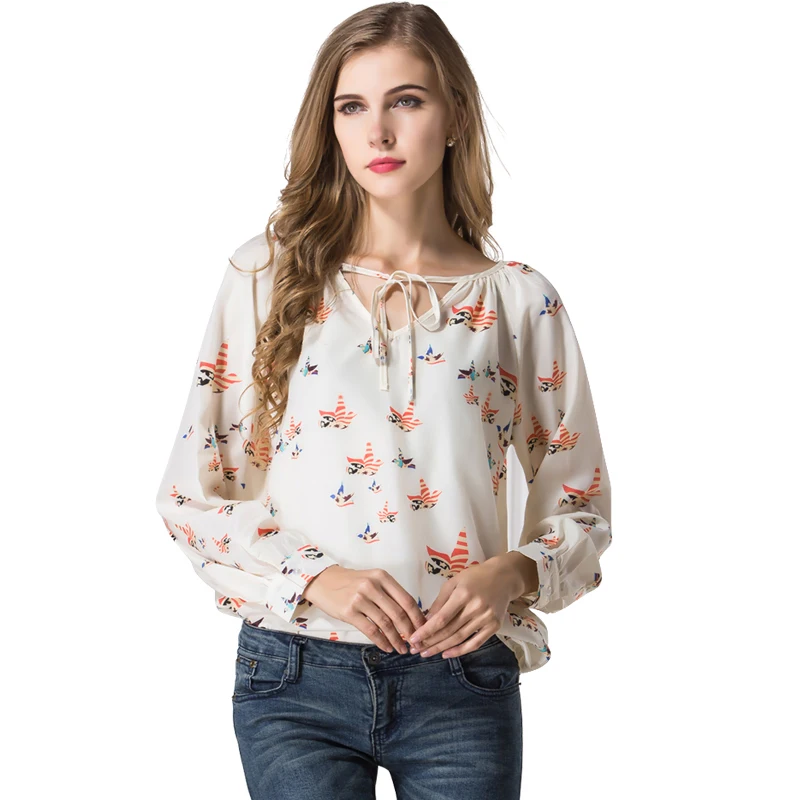 Large size womens 2017 new colour flying pigeon v-neck shirt joker tether Long sleeve printed chiffon unlined upper garment |