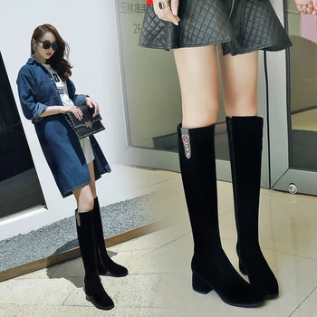 

New Autumn Winter Women Knee High Boots women Motorcycle Boots Mid Heels Dress Thigh High Boots Women Shoes Mujer Plus Size34-43