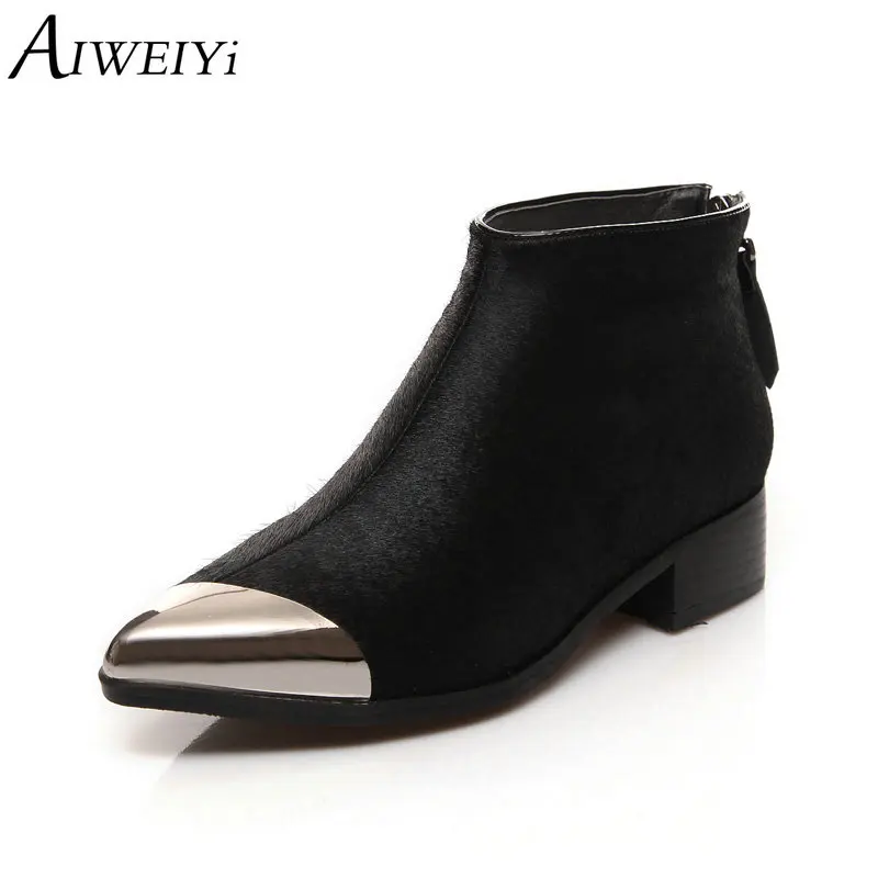 

AIWEIYi Women Thick Low Heel Ankle Boots Genuine Horsehair Ankle Boots Metal Toe Autumn Winter Casual Shoes Woman Black Leopard