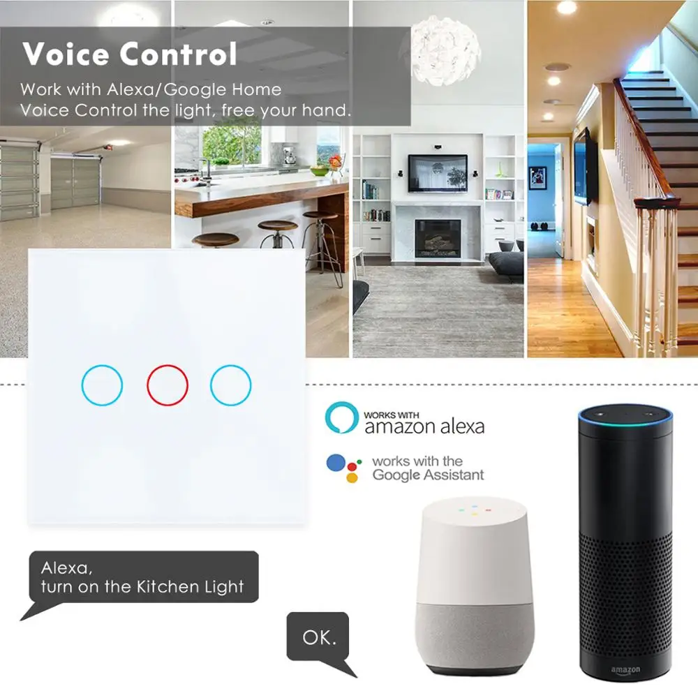 Умный выключатель с Wi Fi сенсорный света App/433 RF/Голосовое управление Alexa Google Home 1 2 3