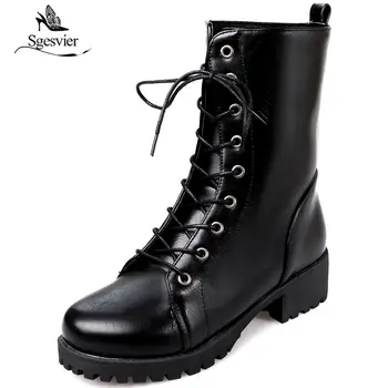 

Sgesvier Fashion Styles Winter Top Quality Motorcycle Martins Boots Lace Up Thick Heel Shoes Women Ankle Boots Plus Size OX835