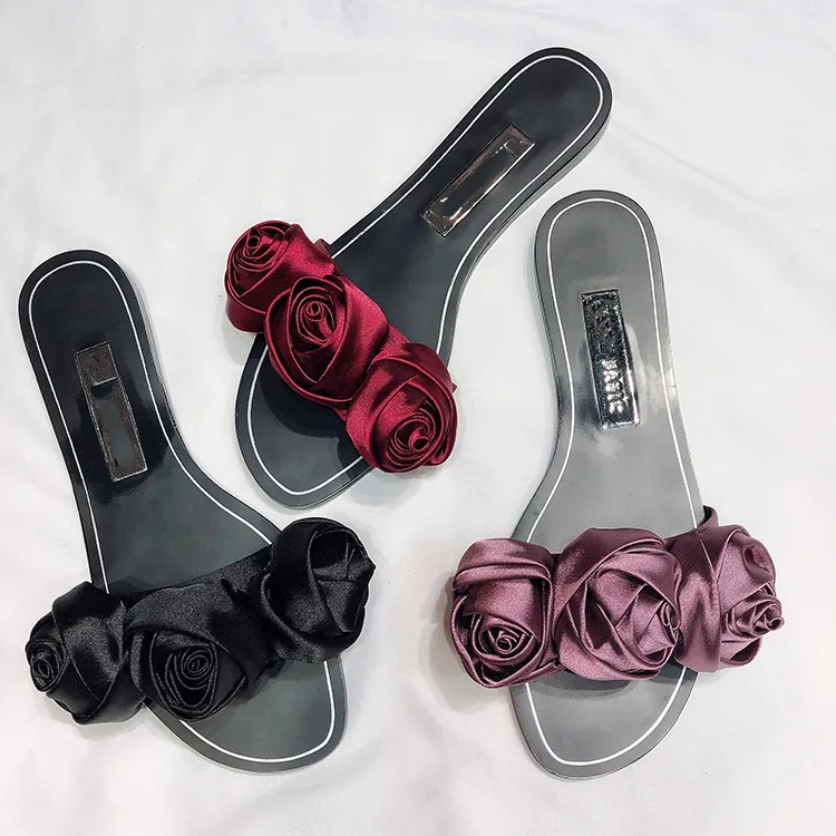 

Carole Levy New Rose Flower Silk Flat-soled Women's Shoes For Summer 2019 Sweet Slipper For Girl Solid Lady Outside Beach Slides